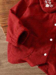 SHEIN Girls' Corduroy Woven Jacket, Solid Color, Popular Baby Girl Clothing, Spring/Autumn/Winter - Red - View 3