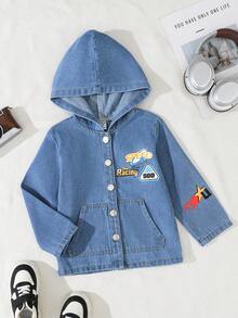 Young Boys' Blue Hooded Denim Jacket,Autumn Career Day Collegiate Style Embroidered Patch Washed Fabric Distressed Detail Loose Fit Street Outerwear - Blue - View 4