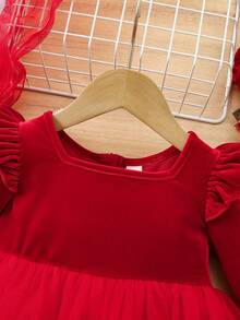 SHEIN Babygirl 优雅天鹅绒和网眼拼布长袖连衣裙 - 紅色 - 查看 4