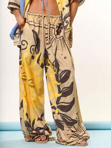 MUSERA 阔腿系带前开图案太阳印花长裤沙滩罩衫泳装夏季度假节日可爱休闲优雅托斯卡纳阳光泳衣 - 巧克力棕 - 查看 2