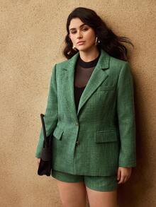 MOTF PREMIUM CHRISTMAS PLUS THICK TWEED STRUCTURED SINGLE BUTTON BLAZER, AUTUMN/WINTER - Green - View 6