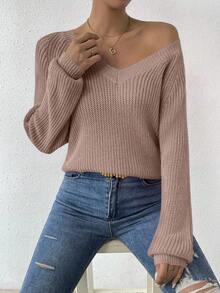 EMERY ROSE Áo len dệt kim dáng rộng cổ chữ V tay raglan màu trơn dành cho nữ, mùa thu - Bụi hồng - Xem 5