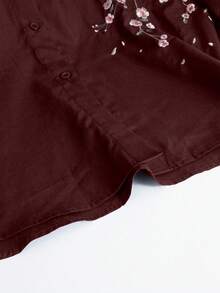 Modelyn 休闲花卉刺绣女式长袖衬衫 - 酒紅色 - 查看 6