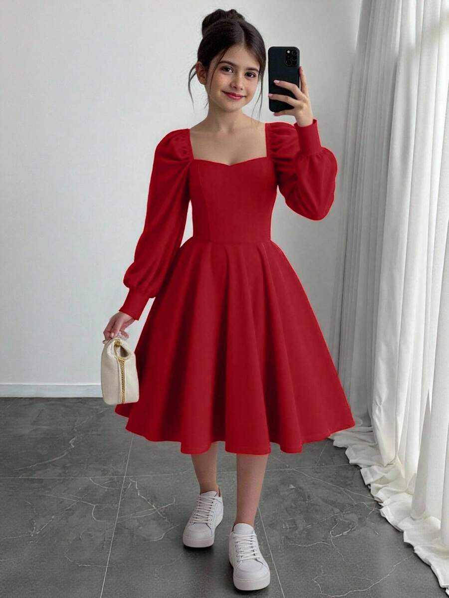 SHEIN Tween Girl Casual Minimalist Comfortable Puff Sleeve A-Line Waist Cinched Dress - Red - View 1