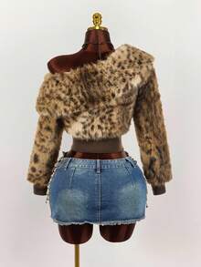 Amplova 秋冬女士时尚不对称领仿皮草豹纹夹克 - 彩色 - 查看 2
