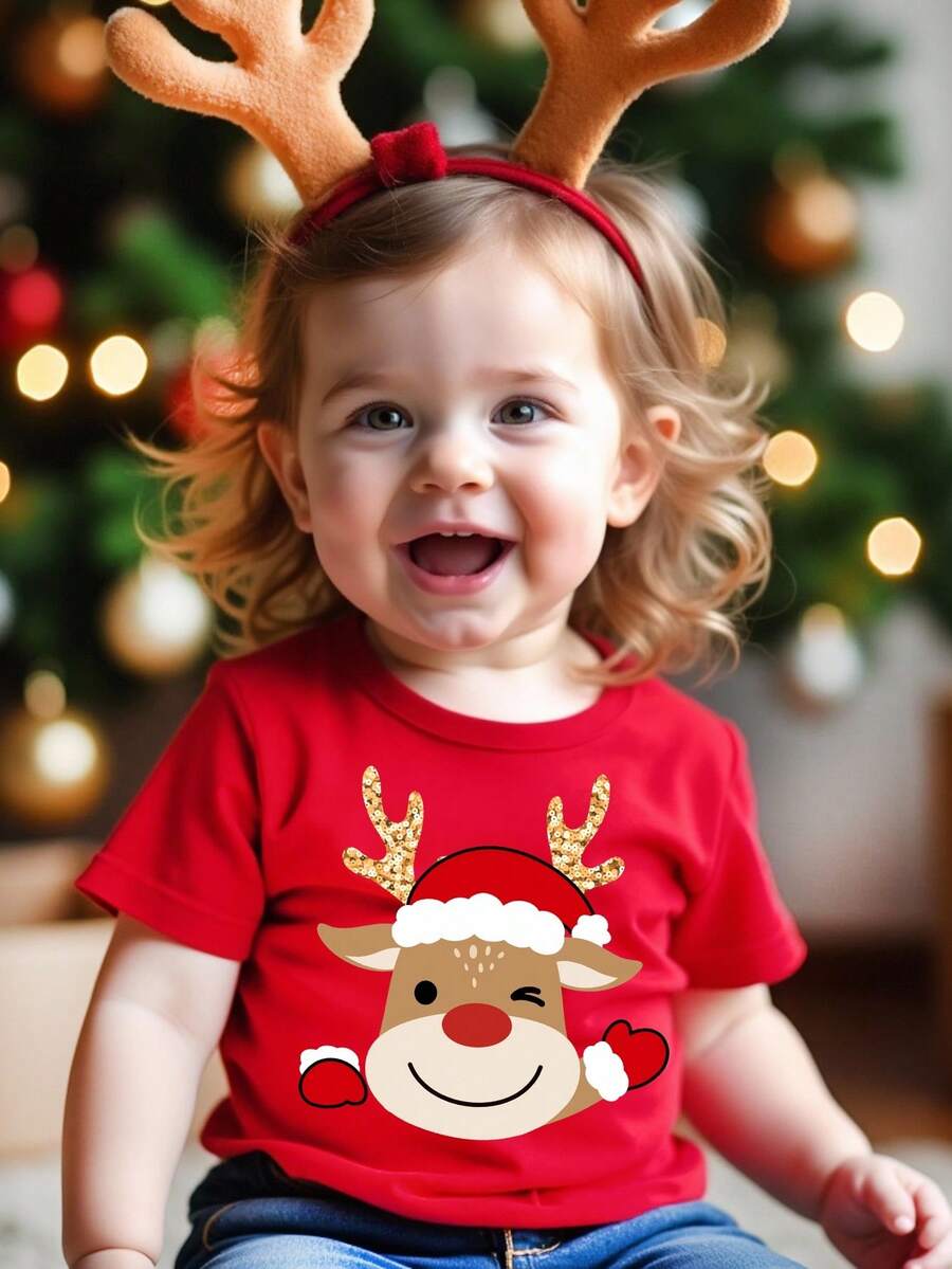 SHEIN Happikins Merry Christmas Baby Girl Red Summer Casual Graphic Family Matching Reindeer Print Crew Neck Short Sleeve T-Shirt,Cute Holiday Toddler Top - Multicolor - View 1