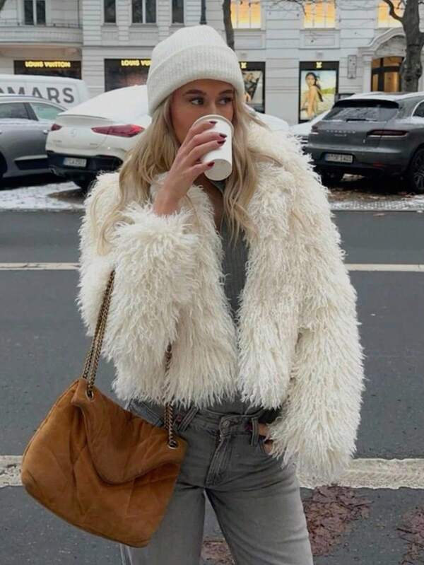 Serisse Women's Solid Color Faux Fur Jacket, Fashionable For Autumn/Winter,Long-Haired Lamb Rolls Faux Fur Coat,Women's Winter Coat,Fluffy Plush Faux Fur Coat,Women's Winter Jacket,Winter Clothes For Women ,Clothes For New Year,Plush Warm Faux Fur Jacket,French Style Dressing,Party,Retro, Simple, Office, Commuting, Elegant, Suitable For Daily Wear Casual