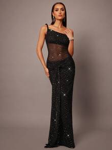 Silquee 女式不对称领口透视镂空长裙，性感纯黑色，低腰，秋冬 - 黑色 - 查看 5