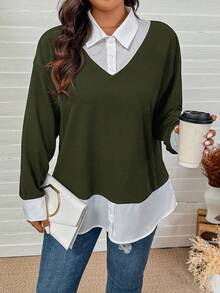 SHEIN LUNE 大码女式绿白撞色领二合一上衣，感恩节新年冬季狂欢橄榄绿长袖上衣 - 軍綠色 - 查看 5