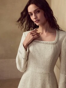 MOTF PREMIUM TWEED FAUX PEARL TRIM DRESS - Apricot - View 4