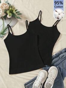 Tseoso 2 件套休闲修身女式吊带背心，95% 纯棉，适合夏季，复古，可爱夏季上衣，柔软女孩，夏季外出单品，居家，返校，秋季女装，百搭 - 黑色 - 查看 8