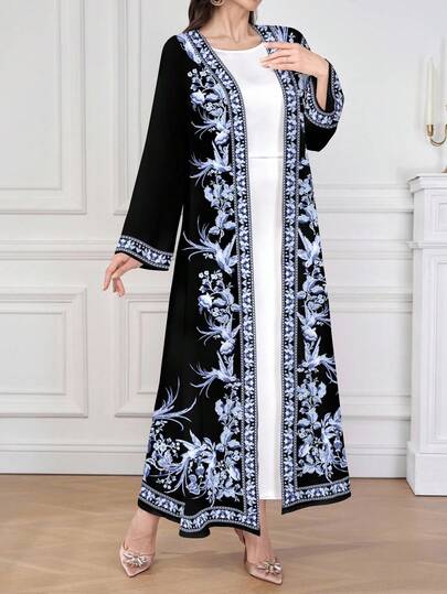 Al Najma 1 件女士舒适黑蓝花卉长袍，适合所有季节的传统服装，精致的花卉图案神秘优雅奢华，衣领、袖口和下摆饰有复古花卉饰边，适合女性日常穿着、约会、休闲、派对、度假、朴素的长袍