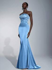 Elitara Elegant Handmade Rhinestone Embellished Strapless Mermaid Tail Dress,Ruched Waist Formal Evening Gown Suitable For Weddings,Galas&Formal Events - Blue - View 5