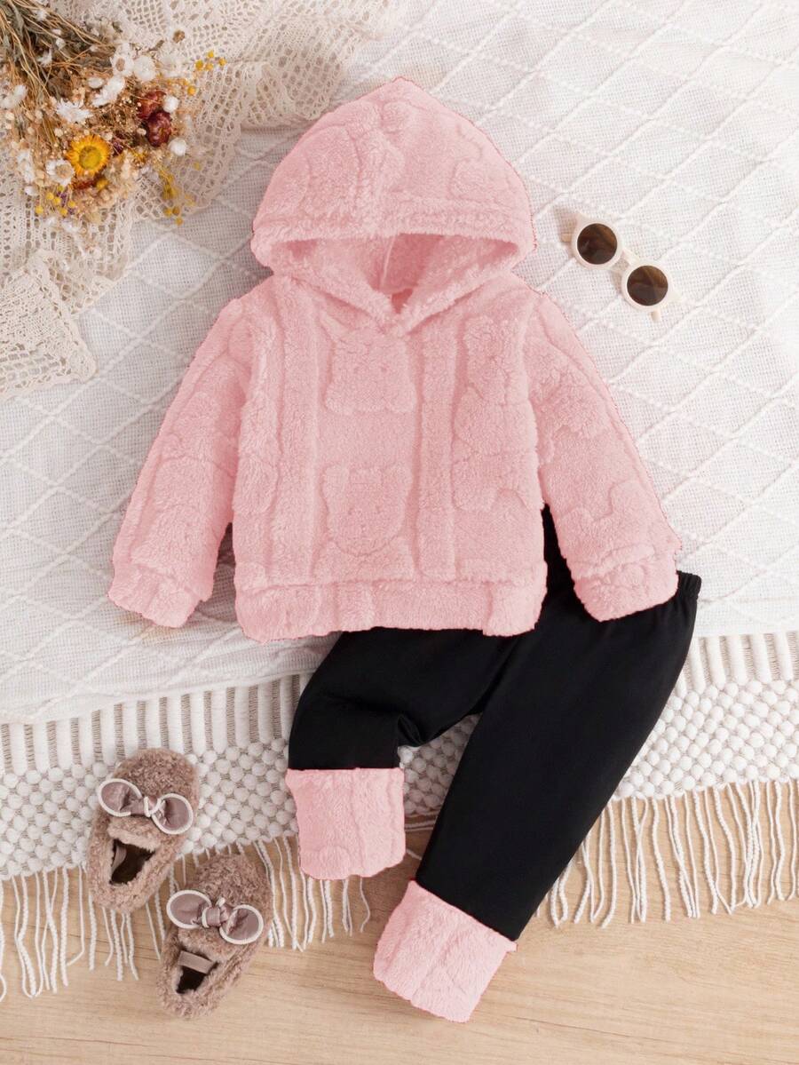 SHEIN Playful Pals Baby Girl Winter Casual Everyday Commute Cute Textured Fleece Hoodie And Pants Set Fall - Pink - View 1