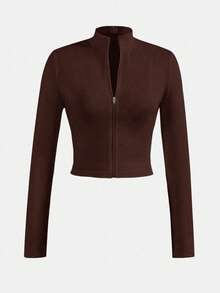 SHEIN Girlism 青少年女孩休闲弹力半拉链 V 领紧身长袖 T 恤，秋冬基本款外套 - 棕色 - 查看 1