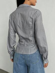 Jeanoix 女式复古格子修身性感衬衫 - 灰色 - 查看 2