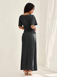 SHEIN PETITE Women's Summer Solid Color Linen Blend Casual Elegant Dress, - Dark Grey - View 2