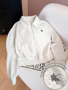 SHEIN 女士骑士刺绣休闲复古时尚拉链连帽夹克，适合秋冬季、通勤、户外、运动，适合兄弟姐妹、母亲节的礼物 - 灰色 - 查看 1