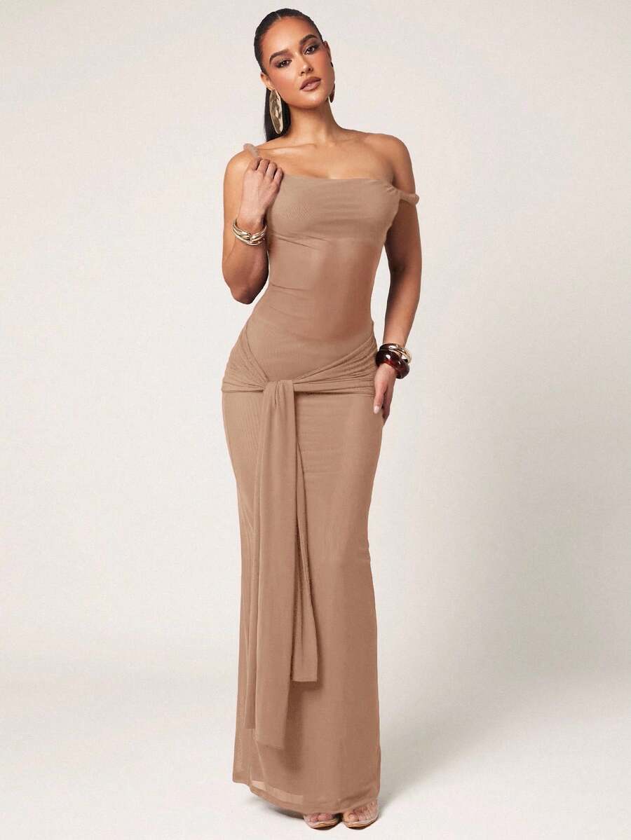 Silquee Váy ôm vai lệch màu gợi cảm cho nữ - Màu Khaki - Xem 1