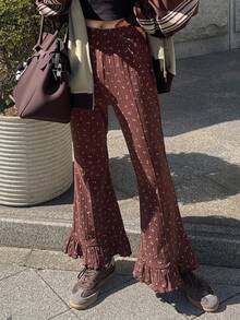 FRIFUL Pantalon évasé à fleurs marron pour femmes avec décoration de volants, casual et polyvalent, tenues d'automne pour les vacances des femmes - Multicolore - Voir 4