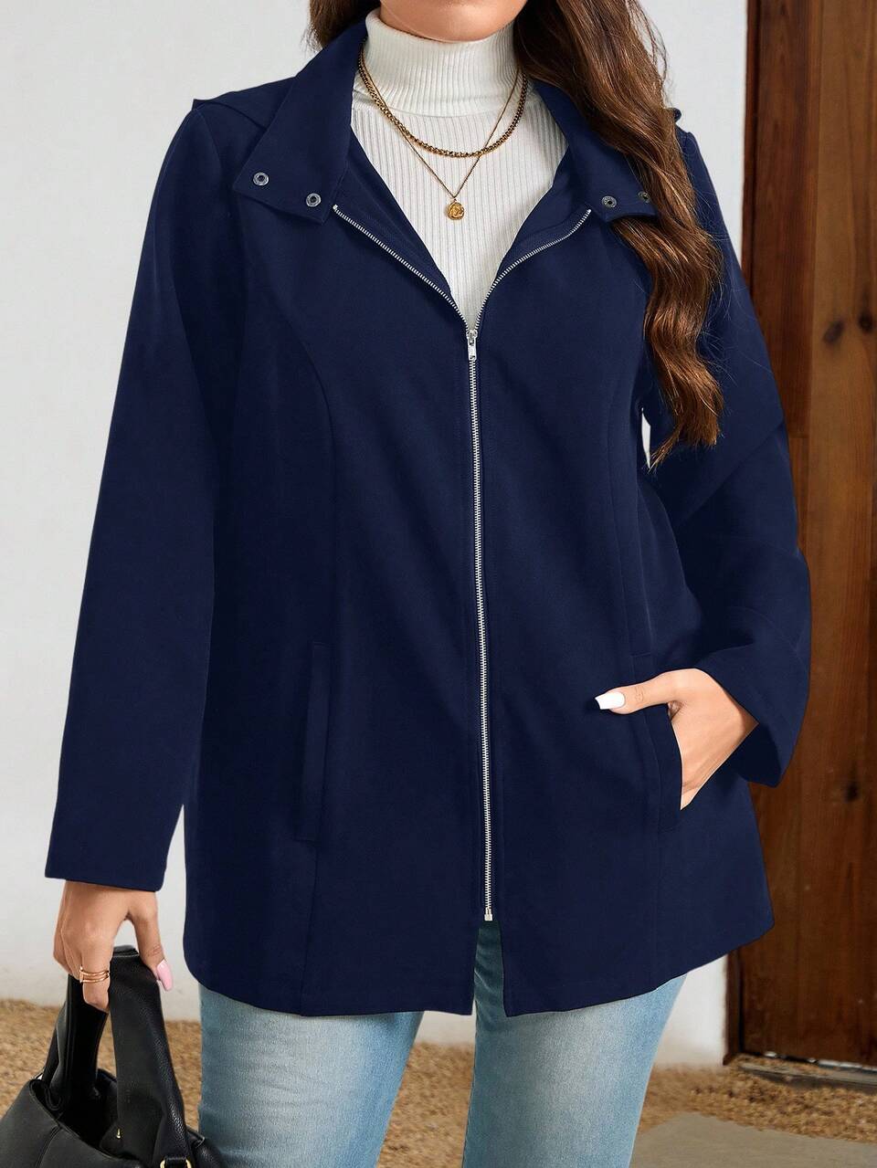 Plus Size Solid Color Front Zipper Long Sleeve Casual Jacket,Fall Women Clothes/ Winter,Daily Wear,Going Out Winter