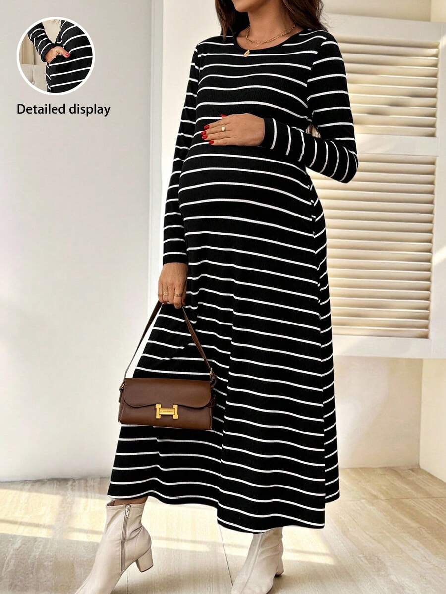 SHEIN 孕妇休闲条纹圆领长袖T恤连衣裙，秋季 - 黑色 - 查看 1