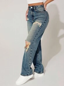 SHEIN EZwear 磨毛面料保暖高腰破洞直筒蓝色牛仔裤感恩节圣诞节女式加厚牛仔休闲街头拼接口袋宽松阔腿牛仔裤女式牛仔裤宽松牛仔裤 - 藍色 - 查看 2