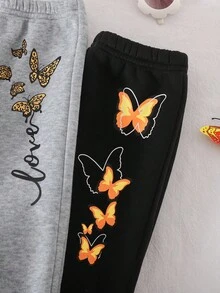 SHEIN 3 件套女婴可爱休闲百搭蝴蝶图案羊毛松紧腰裤，秋冬 - 彩色 - 查看 5