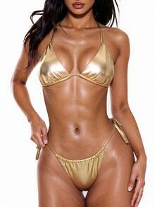Swim Basics 夏季海滩金属比基尼套装吊带微三角文胸和系带侧丁字裤 2 件比基尼 - 金色 - 查看 1