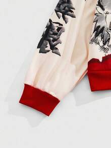 ROMWE MEN Anime sweat-shirt à capuche décontracté de base avec imprimé japonais pour hommes, automne - Rouge - Voir 6