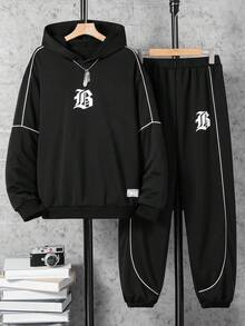 2pcs Casual Hooded Printed Matching Set For Teens, Includes Fashionable Drawstring Pants Fall Winter - Black - View 2