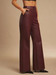 Silquee Autumn And Winter Women's Wine Red Elegant And Fashionable Commuting Simple PU Leather High Waist Flared Pants Suitable For Dating, Parties, Daily Outings,Cozy Fall And Winter Clothes For Women - Red - View 6