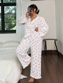 SHEIN Plus Size Romantic Allover Heart Print Ruffle Trim Top & Pants Sleepwear Set, Fall & Winter Clothes White Heart Print Pajama Set Heart Pajama Set