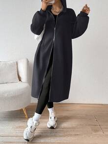 SHEIN EZwear 女士中长款灰色连帽外套，带保暖内衬，秋冬新款长款开衫长外套，秋季简约女装，舒适秋冬女装 - 深灰色 - 查看 4