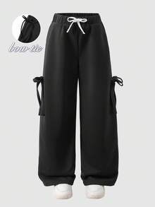 Tween Girl Oversized Bow Hip-Hop Street Loose Casual Sports Pants, Suitable For Autumn/Winter Girl Fall - Black - View 1