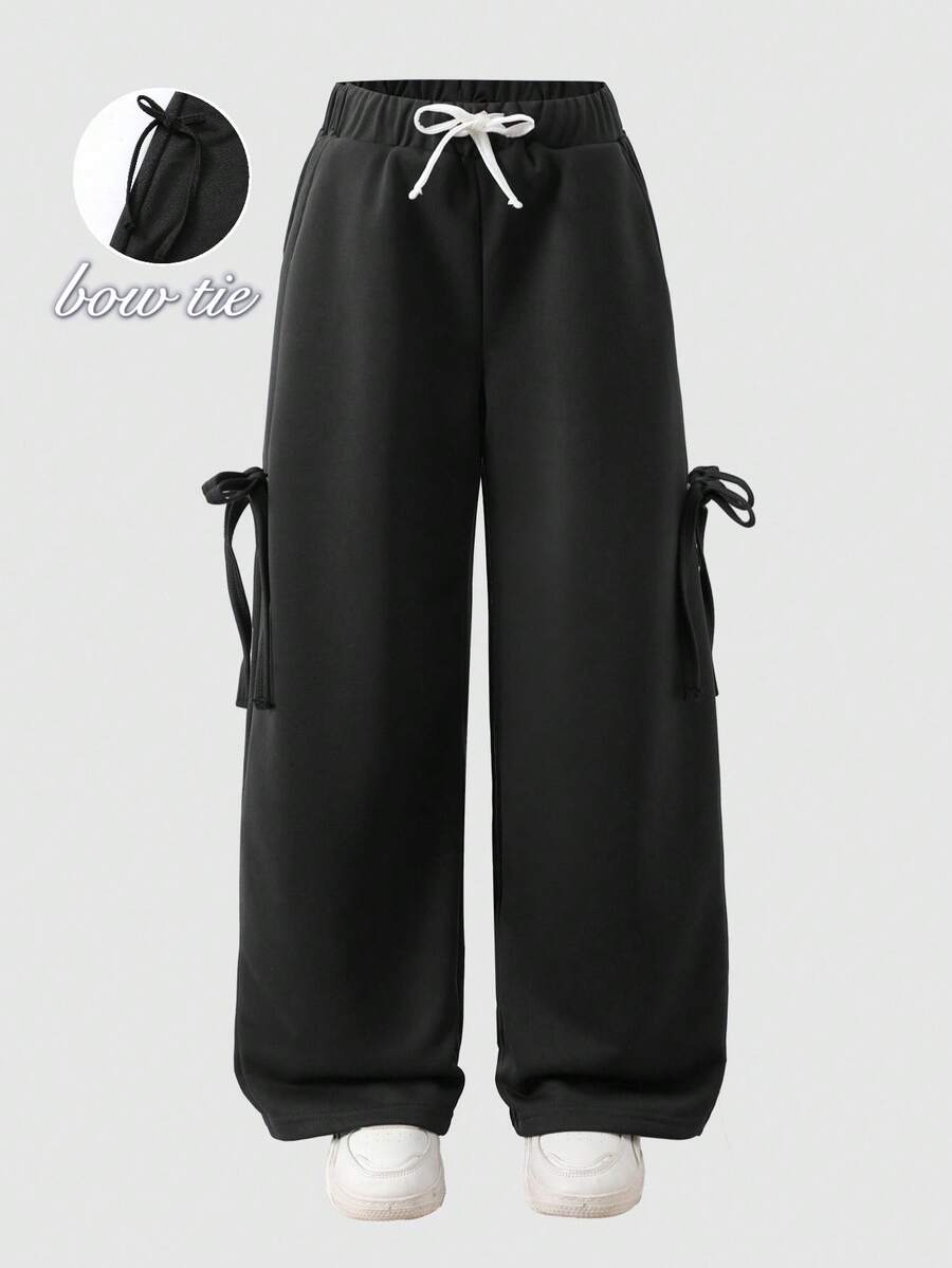 Tween Girl Oversized Bow Hip-Hop Street Loose Casual Sports Pants, Suitable For Autumn/Winter Girl Fall - Black - View 1