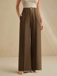 Anewsta 优雅别致的棕色阔腿裤，带有褶皱设计，适合秋季 - 鏽棕色 - 查看 3