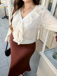 SHEIN LUNE 大尺碼女款白色優雅長袖荷葉邊飾襯衫，秋季時尚度假商務休閒教師日常穿搭，冬季萬聖節婚禮賓客 - 杏色 - 查看 4