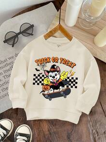 SHEIN Baby Boy Casual Minimalist Autumn New Arrival Halloween Cartoon Animal Dog Squad Cute Style Cartoon Soft Knit Thick Crew Neck Sweatshirt, Suitable For Autumn/Winter Fall - Beige - View 2