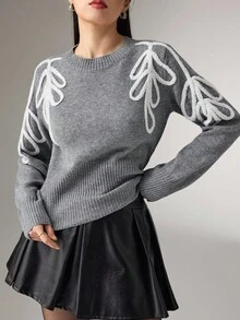 Heiryn Women's Crew Neck Long Sleeve Fashionable Versatile Sweater, Autumn/Winter - Grey - View 1