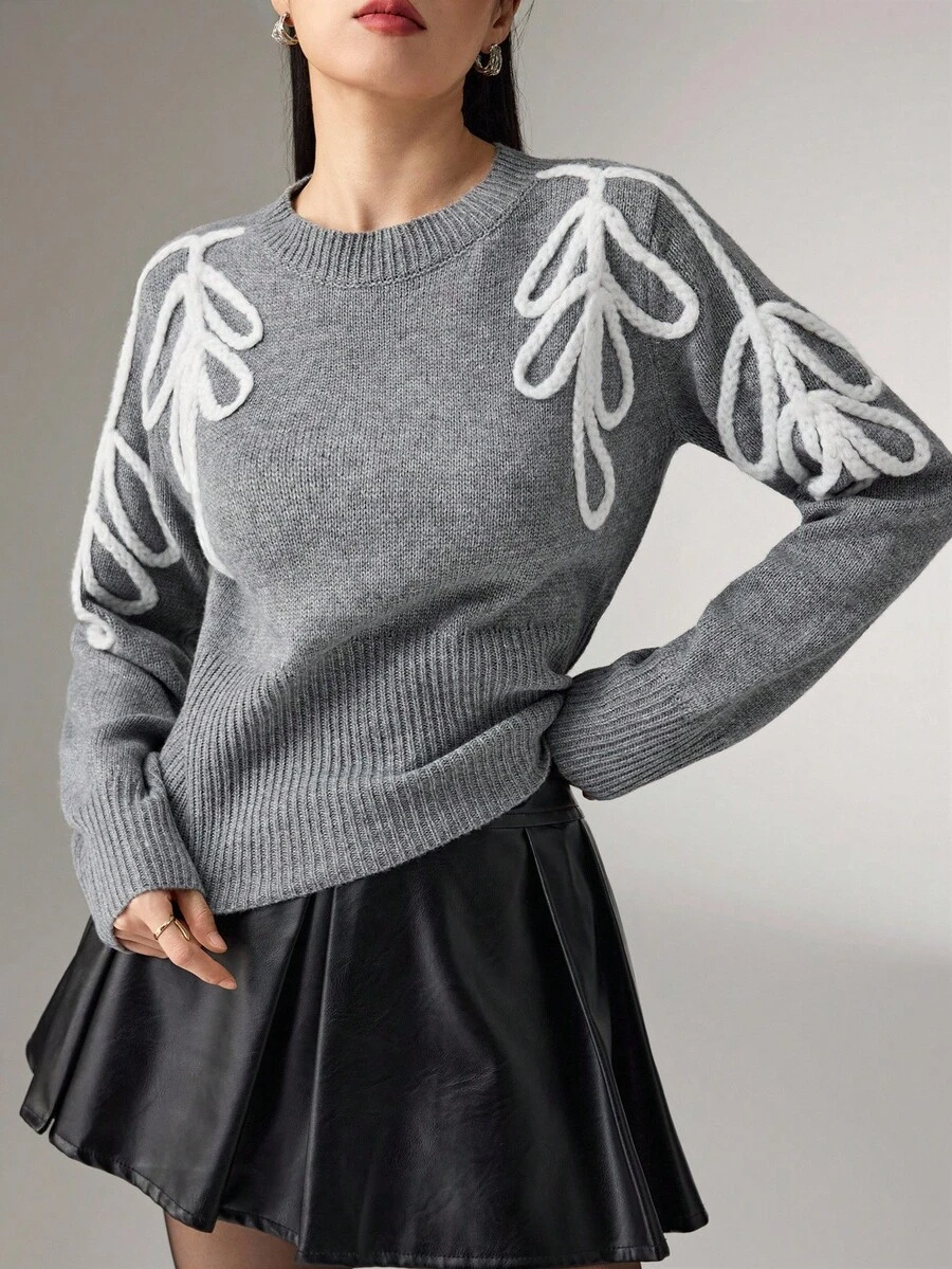 Heiryn Women's Crew Neck Long Sleeve Fashionable Versatile Sweater, Autumn/Winter - Grey - View 1
