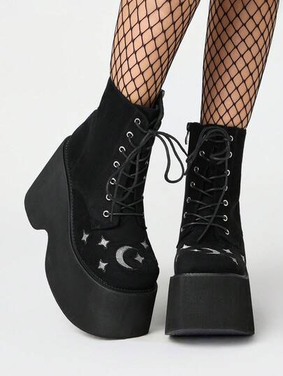 Grunge Punk Stivaletti alla caviglia da donna con platform e tacco super alto, stile punk Y2K, punta quadrata con ricamo di stelle e lune, stringati, suola spessa, adatti per performance sul palco con tacco a zeppa