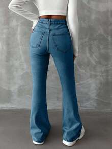EURMUSE 98%Cotton Zipper Fly Distressed Bell Bottom Jeans - Blue - View 2