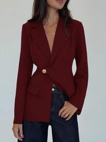 Aloruh 女式简约单扣腰部收腰西装外套，适合通勤，秋季 - 酒紅色 - 查看 3