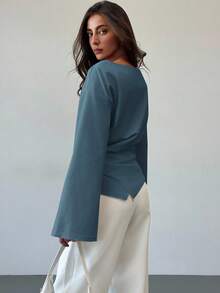 Aloruh Boat Neck Flared Sleeve Cropped Ruched Office Wear Women's Apricot Blouse - Blue - View 2