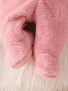 SHEIN Playful Pals 新生儿羊毛连帽连体衣，带有可爱的 3D 兔耳朵，长袖和裤子，儿童冬季服装 - 粉色 - 查看 8