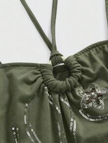 ROMWE Plus Size Women Fairycore Mori Kei Green Embroidered Beaded Flare Sleeve Elegant Blouse, Plus Size Autumn/Winter Fairy-Inspired Vintage Beaded Asymmetrical Hem Design Halter Neck Top - Green - View 4