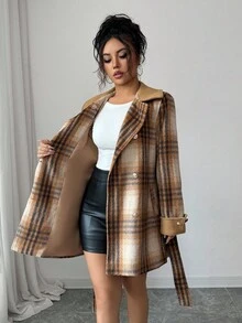 Elenzga Women's Elegant Romantic Commuter Khaki Plaid Asymmetrical Oblique Collar Double-Breasted Metal Button Decor Double Pocket 2 In 1 Splicing Lapel Cuff Bowknot Design Slim Fit Long Overcoat, Winter - Multicolor - View 8