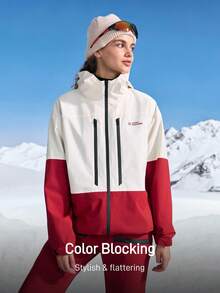 In My Nature 女士字母印花撞色长袖连帽户外防风防水夹克，滑雪夹克，户外 - 紅白色 - 查看 5