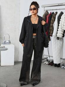 SHEIN EZwear 加大码连帽束腰防水中长款黑色夹克，适合雨天，秋冬季 - 黑色 - 查看 5